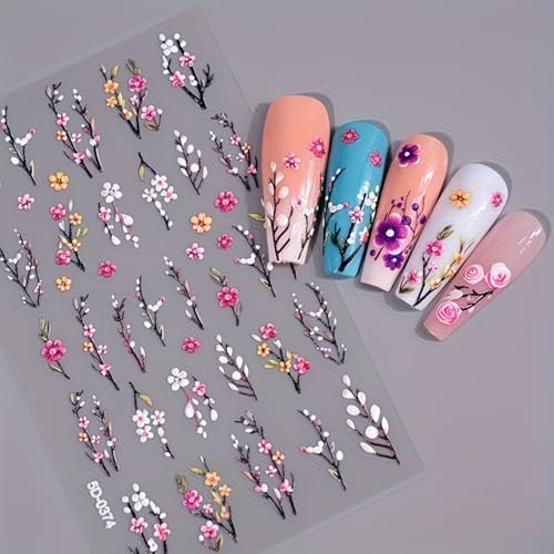 Flower Sticker for Nail Art 5D Embossed Spring Roses Nail Decal Flower Branch