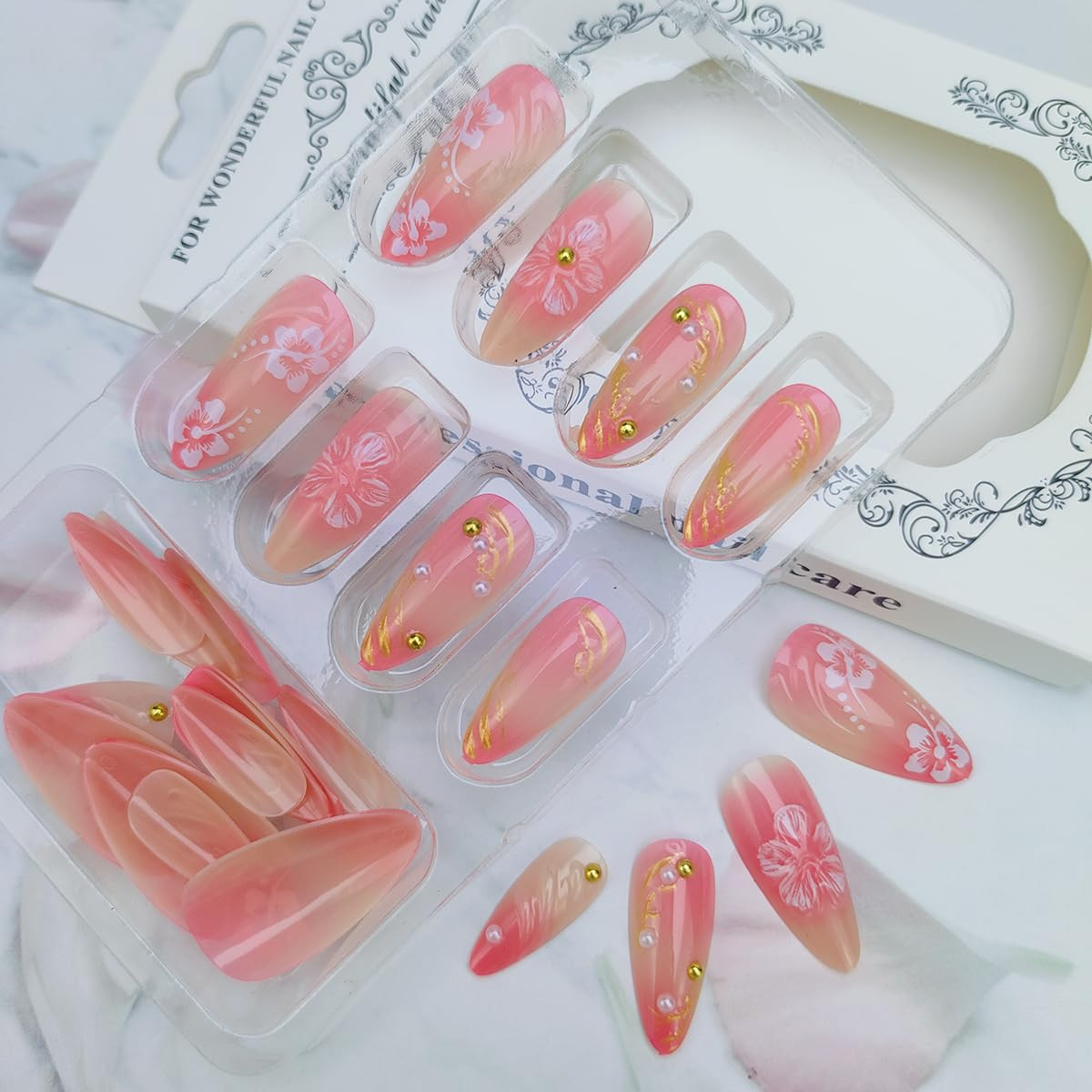 24Pcs 3D Flower Press on Nails Medium Almond Fake Nails with Pearl Rhinestones D