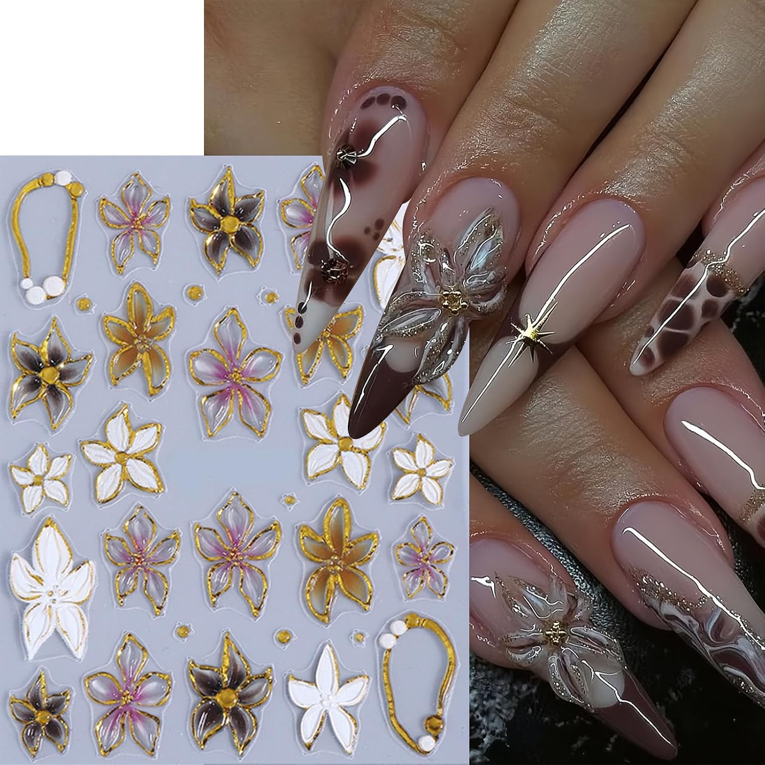 3 Sheets Flower Nail Stickers 5D Embossed Lily Flower Stickers for Nails Hibiscu
