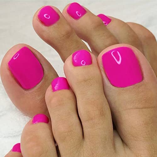 Fake Toenails Glossy Press on Toe Nails Short Square Shaped Toenail Hot Pink