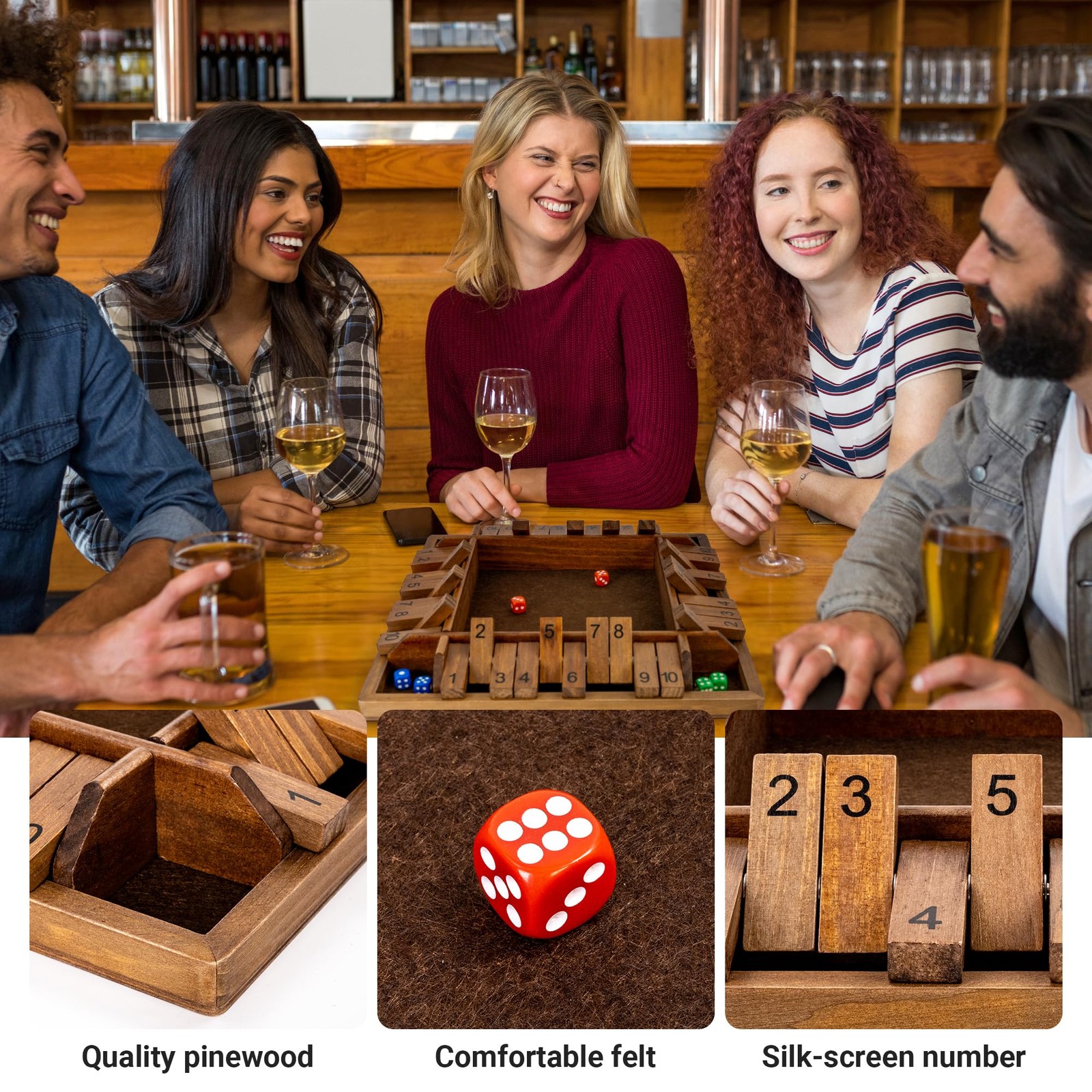 ropoda 14 Inches 4-Way Shut The Box Game (2-4 Players) for Kids & 14in, Brown