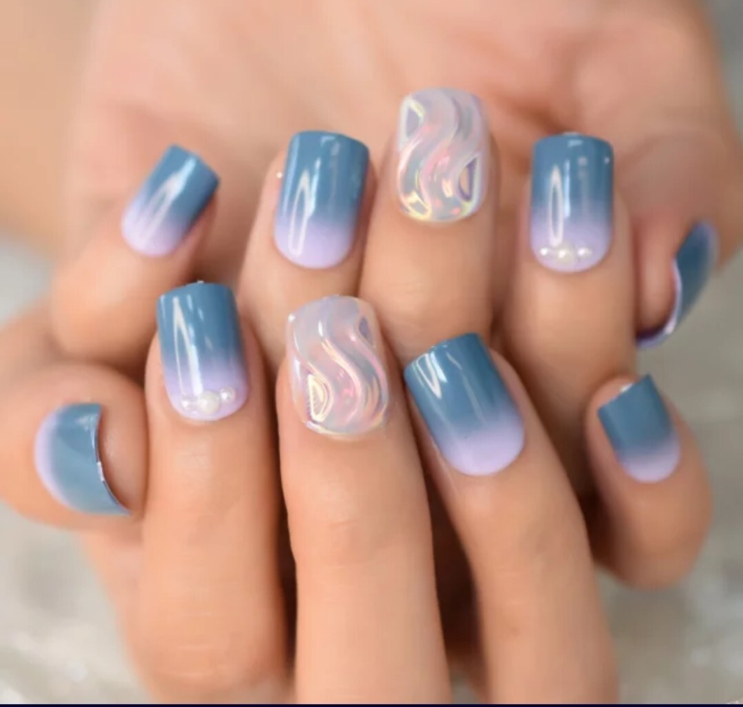 24 Unique 3D Swirl Press On Nails Short Ombre purple blue holographic Glue On di