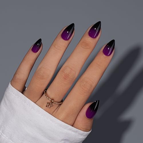 Purple Black Press On Short Almond, Dark Ombre Fake Nails With ombre purple