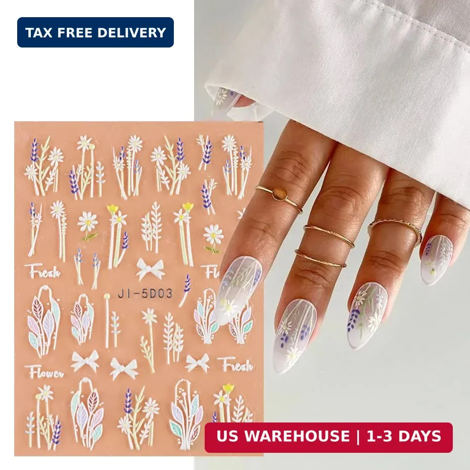 3D Embossed Flower Leaves Nail Art Stickers Decals 4 Sheets 5D Self-Adhesive Peg