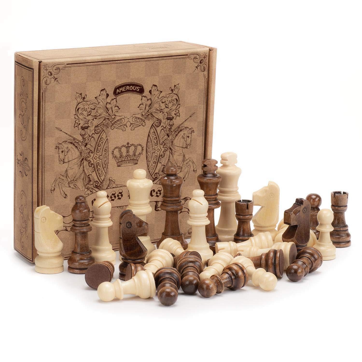 AMEROUS Wooden Chess Pieces Only, Staunton Style Wood Chessmen Medium, Brown