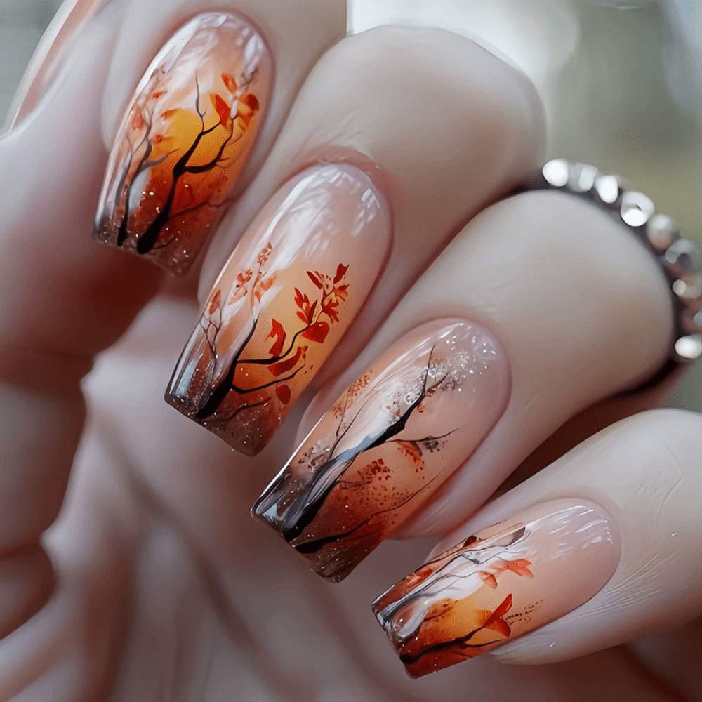 48pcs Fall Press-on Nails Autumn Leaves Pumpkin Warm Brown Glitter Fall Nails