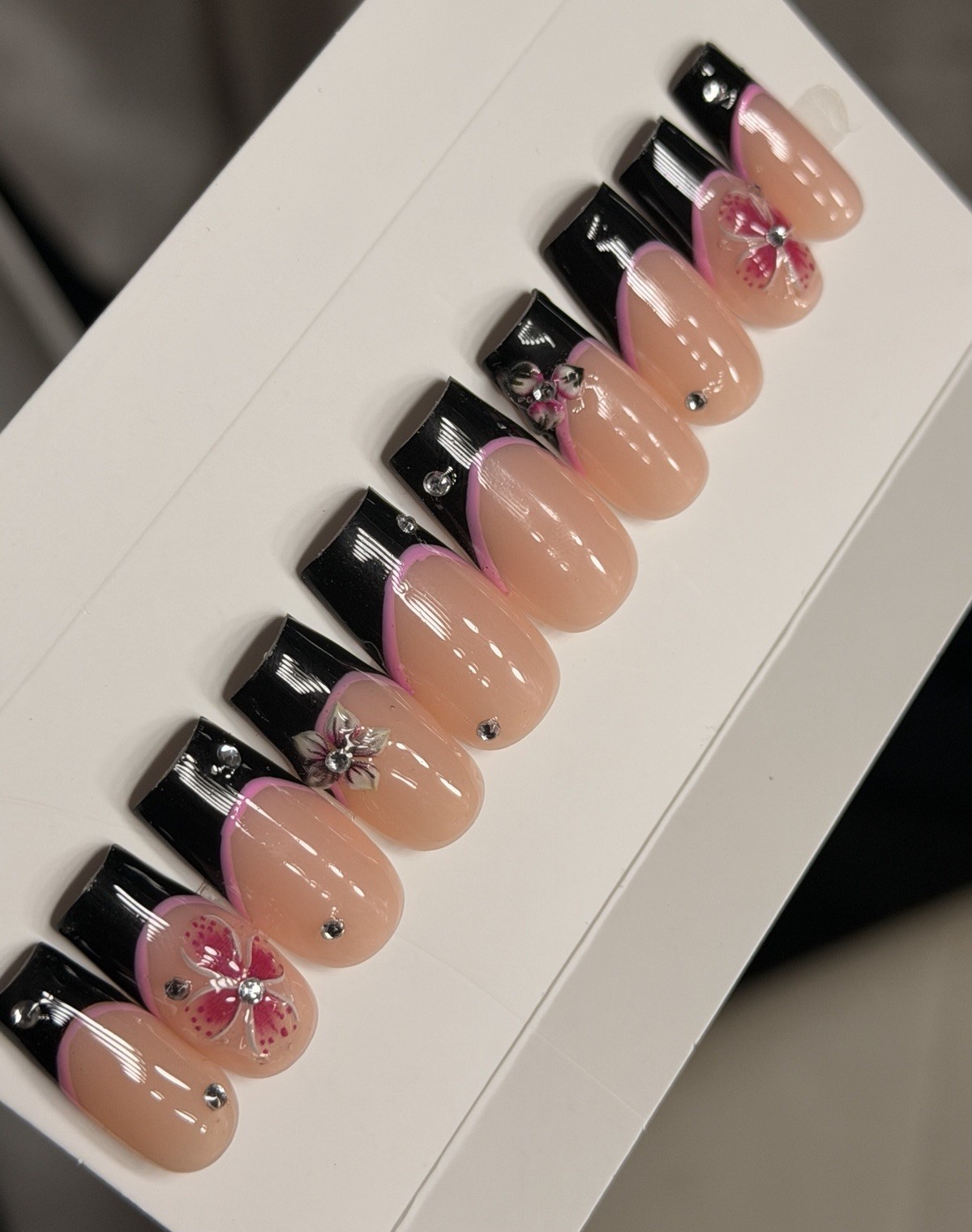 🌸 CUSTOM Press On Nails FRENCH BLACK Flower PINK 10p SET W Kit