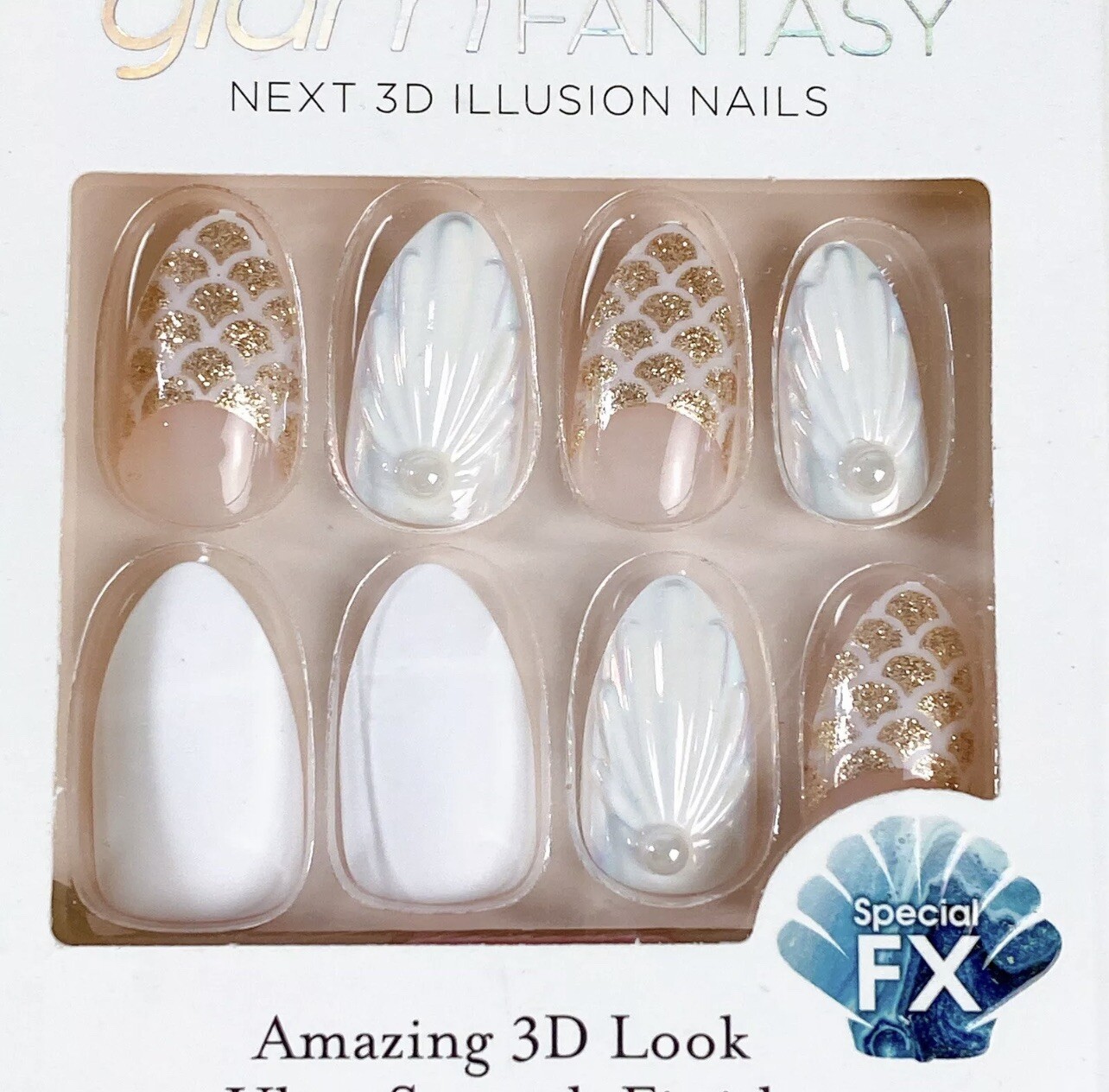 Kiss Press On Nails Glam Fantasy Almond Medium 3D Seashell Mermaid Beach