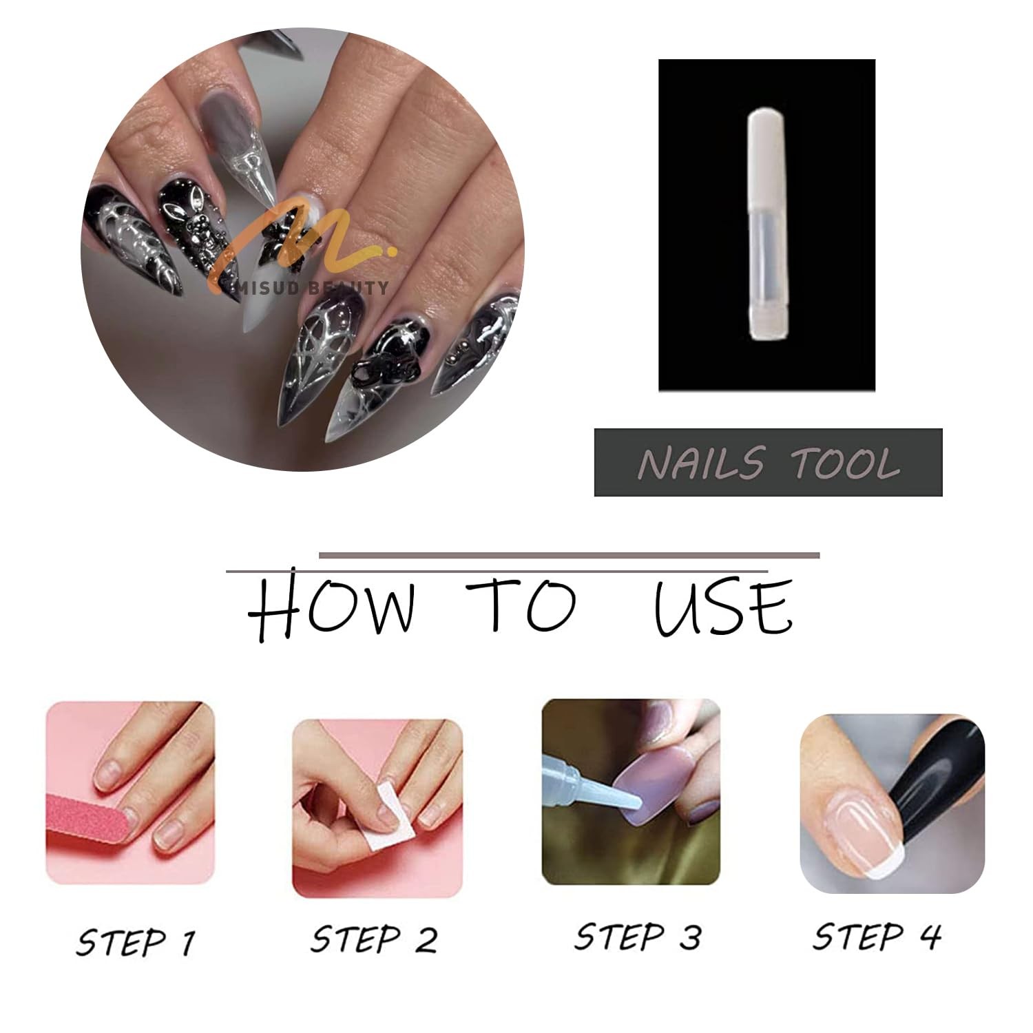 MISUD Press on Nails – Long Stiletto Fake 0.04 Fl Oz (Pack of 24), 10603Black