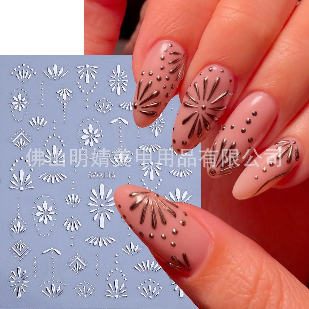 3 Sheets Bohemian Style Nail Stickers Gold Silver Blue Flower Petals Line NH28