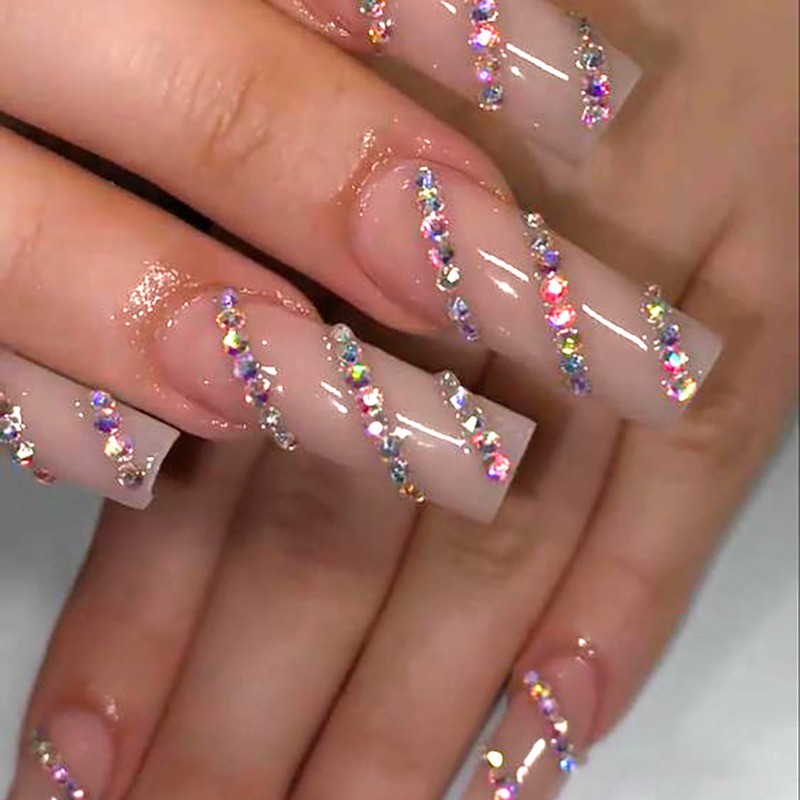 24pcs-Clear Nude Coffin Press on Nails with Wavy Multicolor Rhinestone Accents