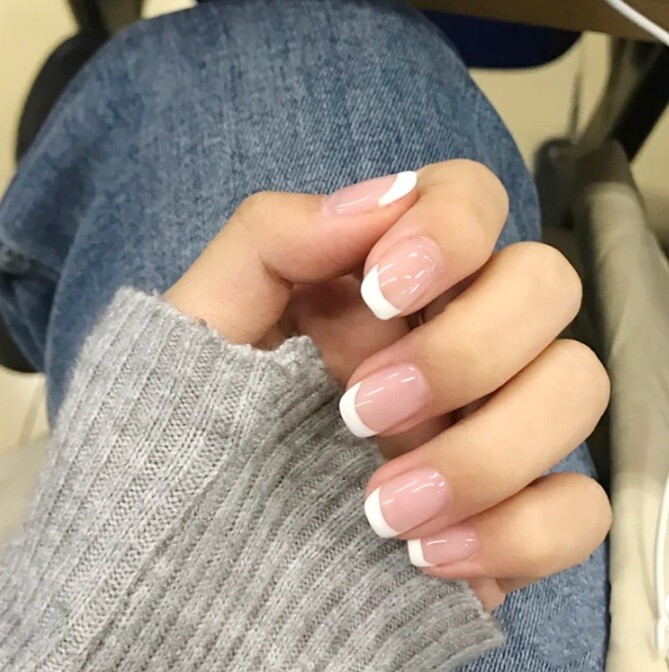 Handmade Press On Nails – Glossy Short French Tip Nails, Square Coffin Almond