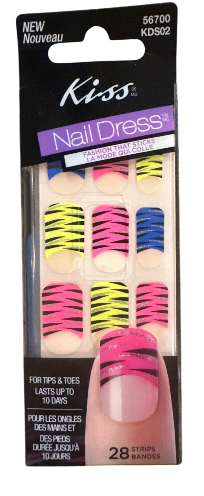 Kiss Nail Dress TIPS & TOES 28 Strips/Nail Pink+Blue+Yellow Neon Zebra Design