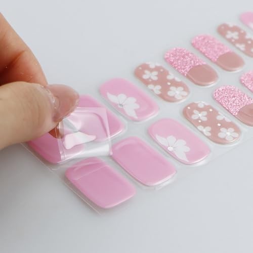 Gel Nail Stickers French Tip Pink White Flower Semi Cured Gel Nail Strips