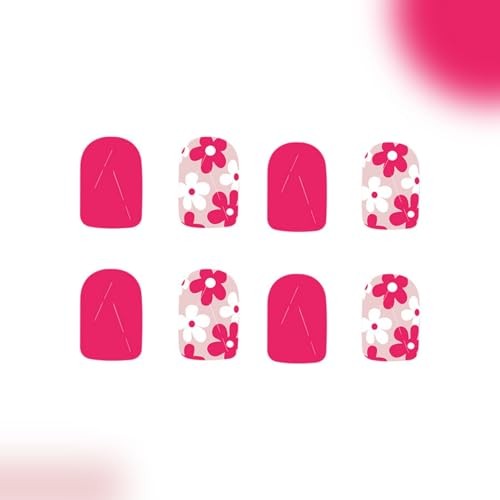Hot Pink Press on Nails Square Fake Nails Flowers Short Hot Pink Flower Designs