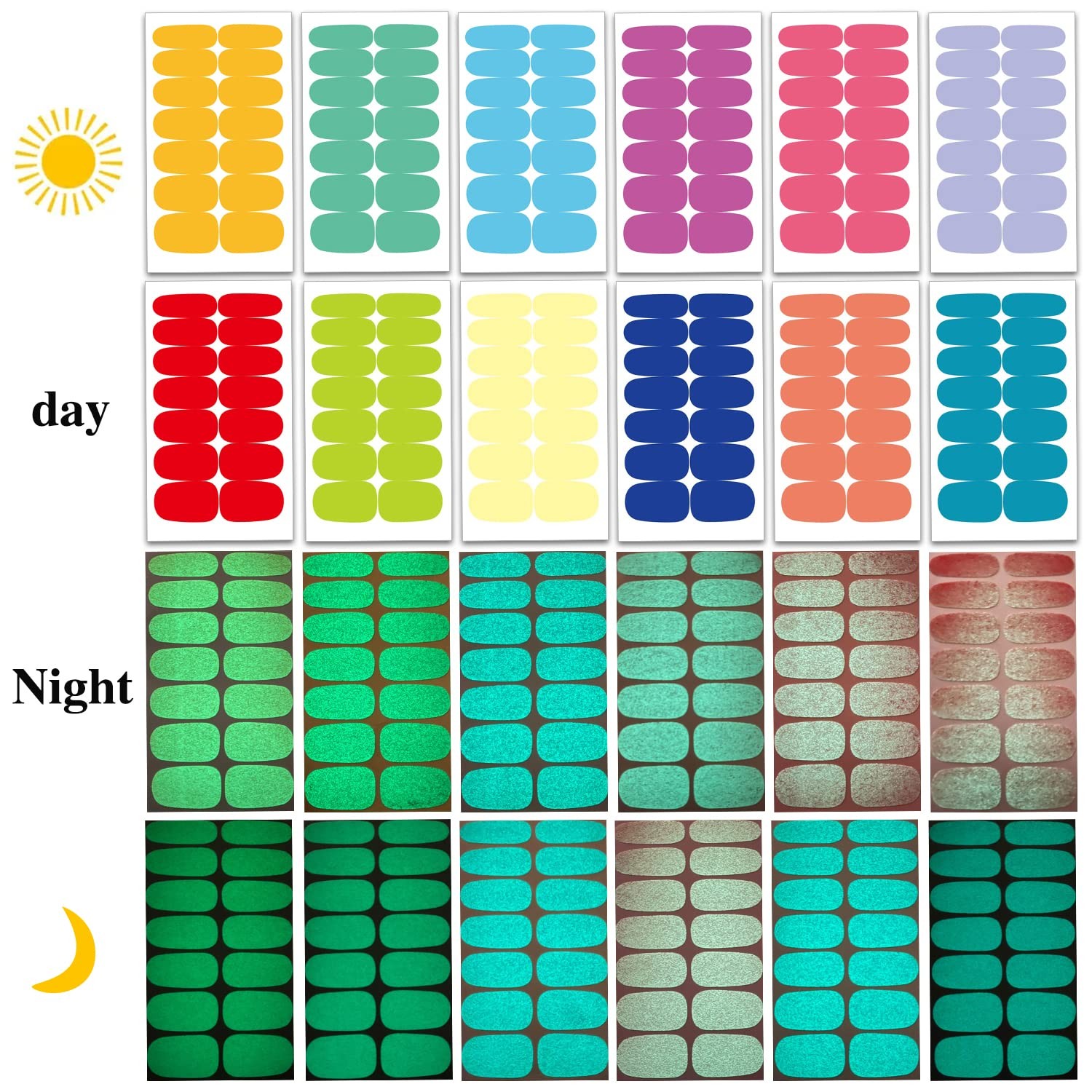 12 Sheets Luminous Solid Nail Polish Strips with File – Self-Adhesive Glow in…