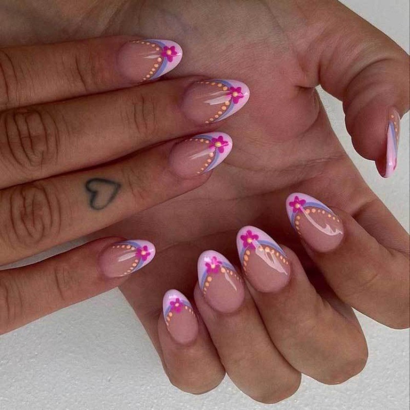 48Pcs-Long Almond Nude Pink Blue French Floral Dot Cute Press on Fake Nails