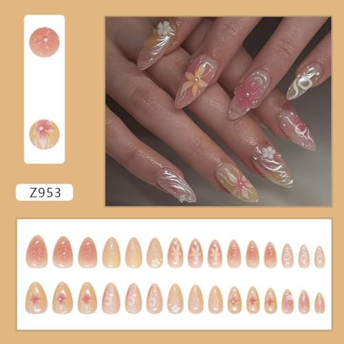 Flower Press on Nails Medium Almond Fake Nails Pink False Nails Flower Style32
