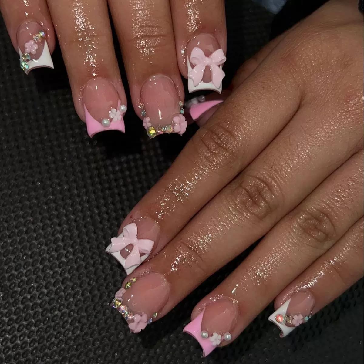 Press on Nails Square Fake Nails Short with 3D Bow Flower Charms Style22 Normal