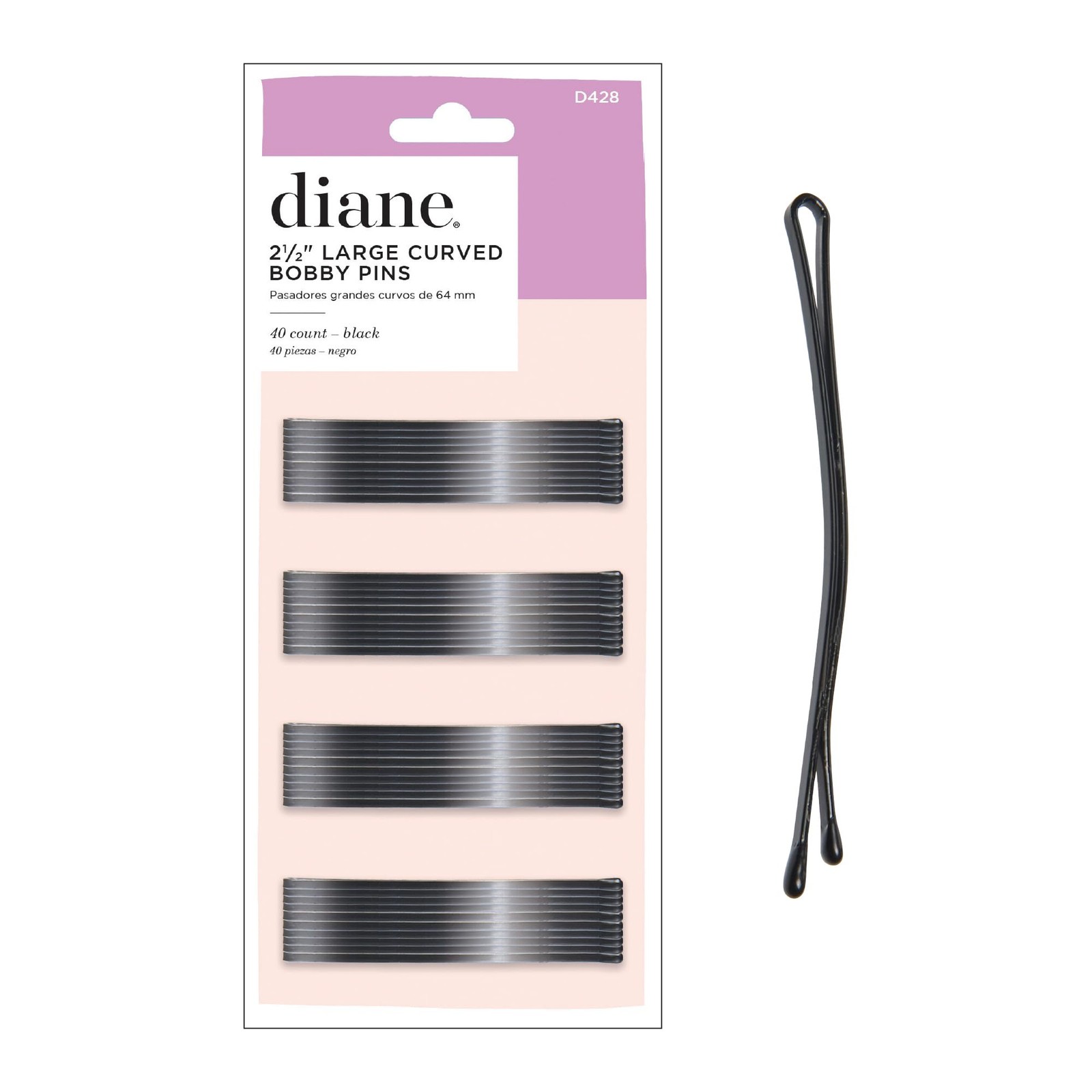 Diane 2.5” Curved Black Bobby Pins, Large Flat 40 Count (Pack of 1), BLACK
