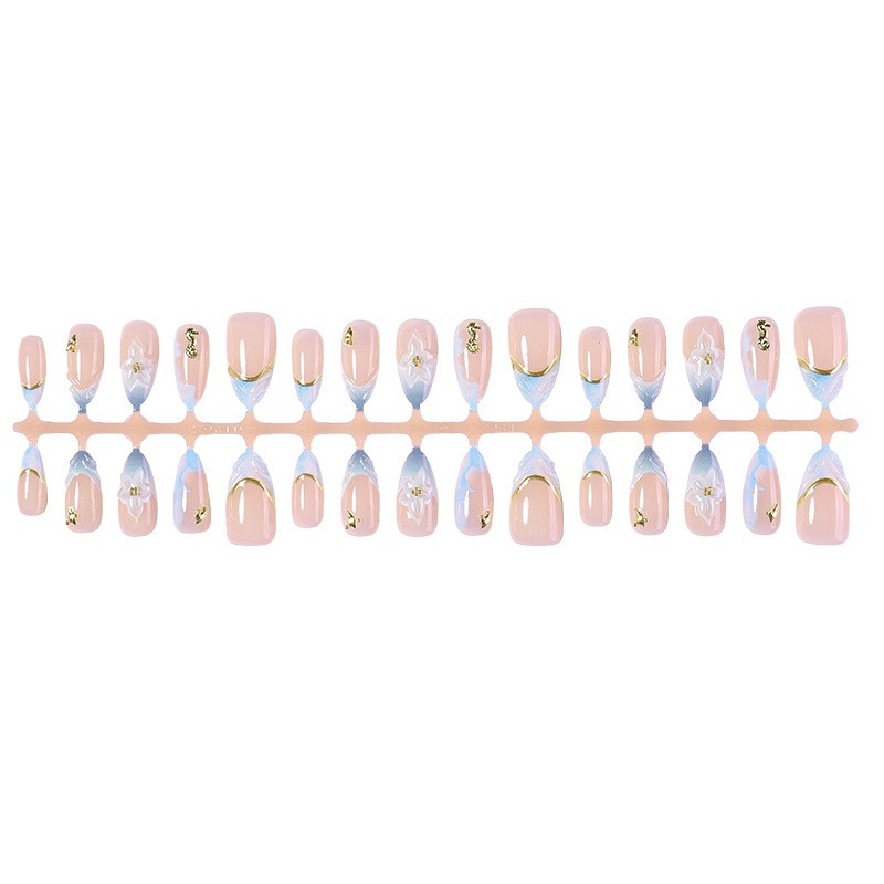 60Pcs-Nude Blue Ombre 3D Flower Press on Nails Almond Nail Set Reusable Handmade