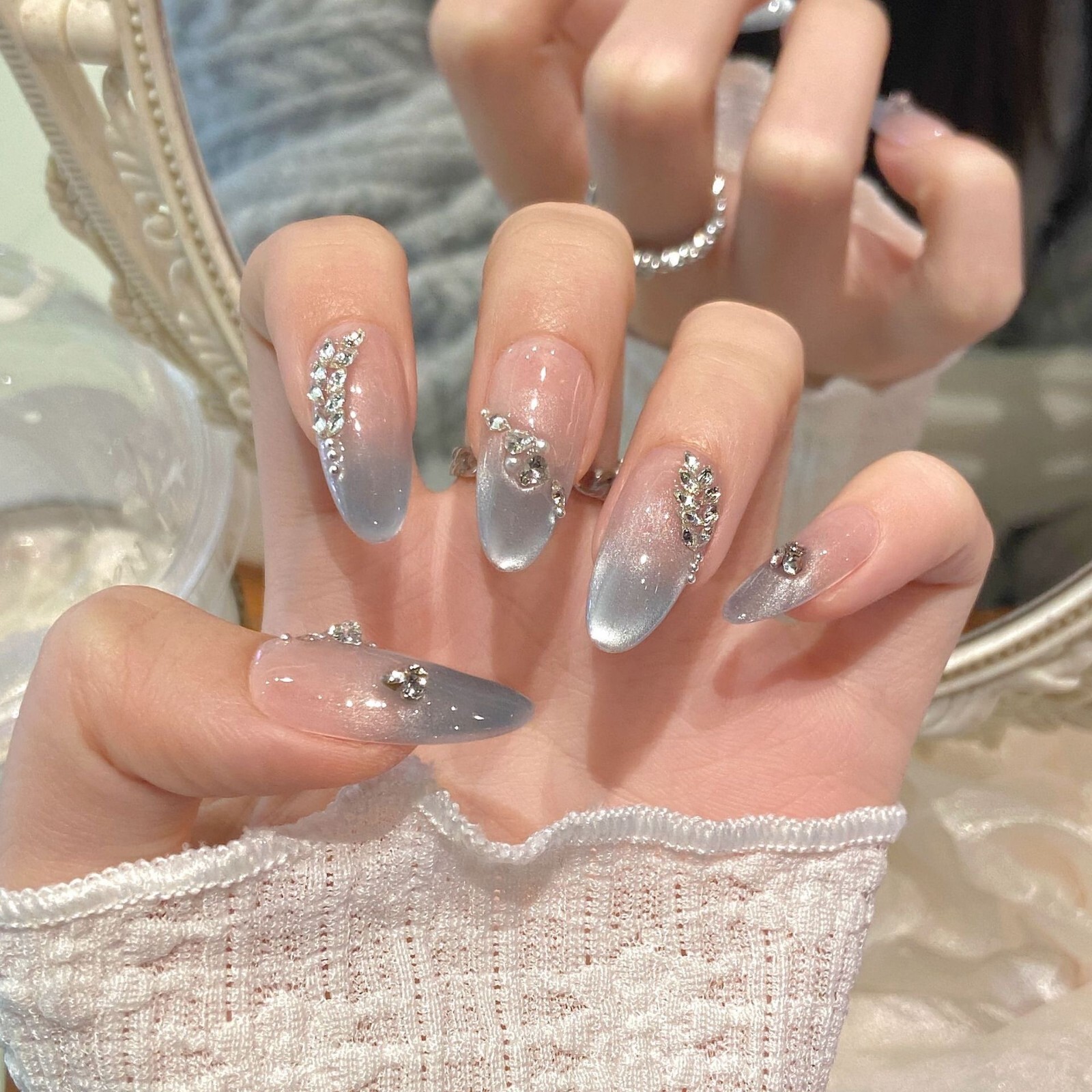 Handmade Blue Ombre Shimmer False Nail Short Almond Press on Nail Nail Art