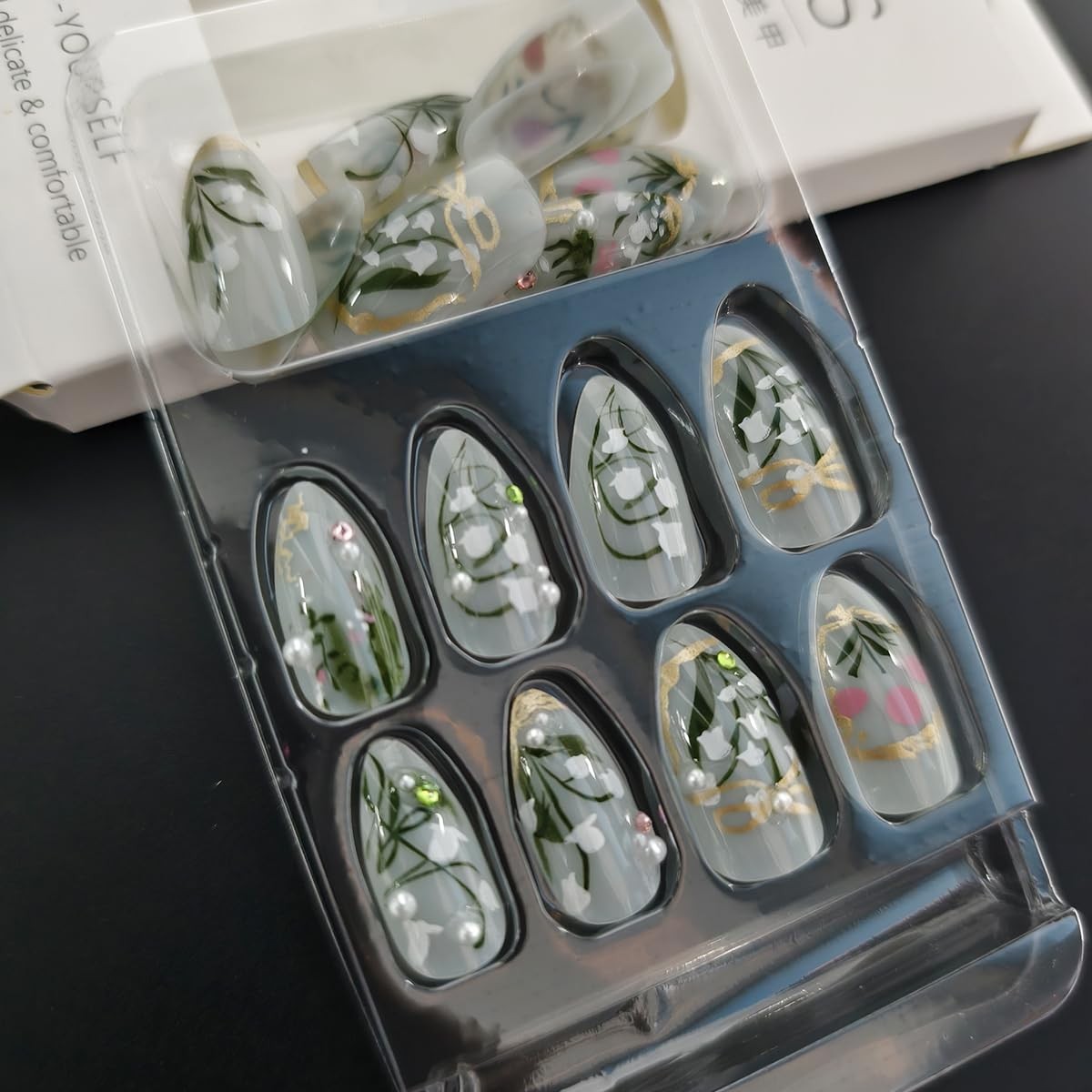 24Pcs Orchid Flower Press on Nails Almond 0.25 Fl Oz (Pack of 24), Multicolor
