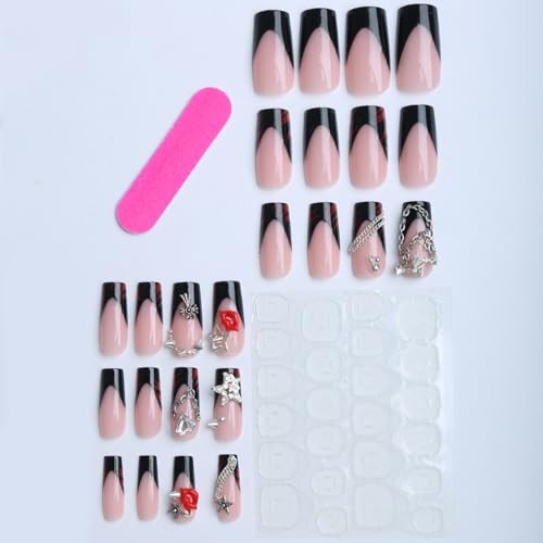 24 Pcs Press on Nails Medium Pink Nail Tips Medium Square 3D Alloy Nail Charms