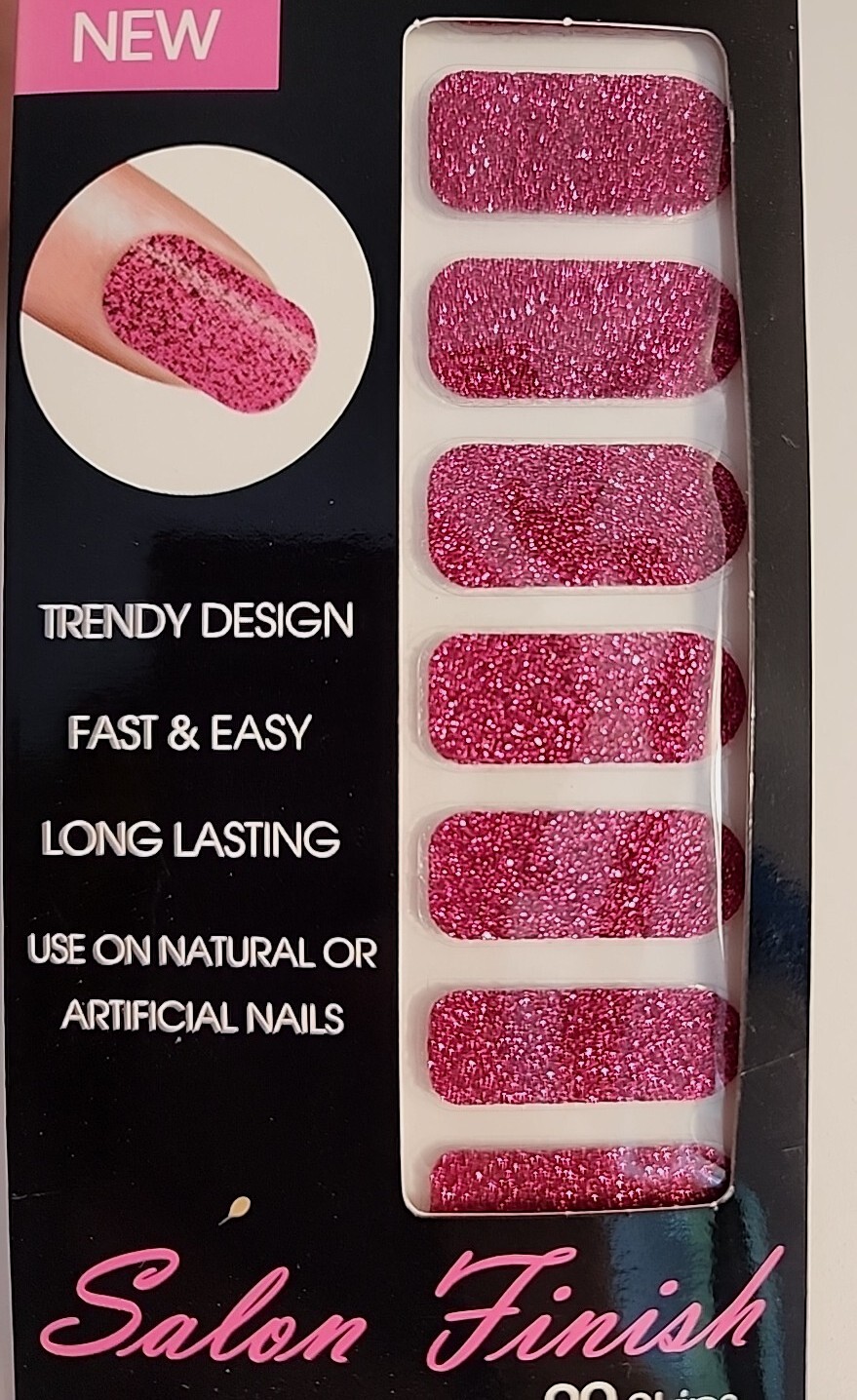 Cala Pink Glitter Nail Strips. Oblong, Self Adhesive, Single Use. #86882.