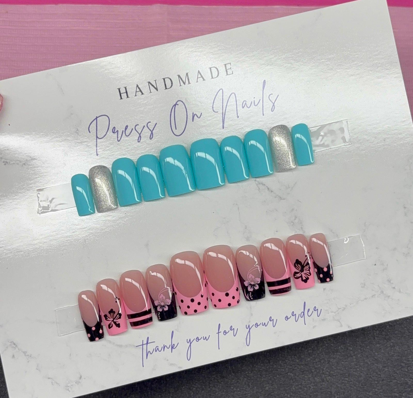 Short square and medium square press on nails spring pink black teal silver