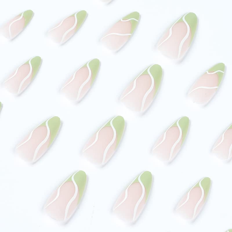Press On Nails Almond Short Medium Nude Light Green Swirl French Tip Solid