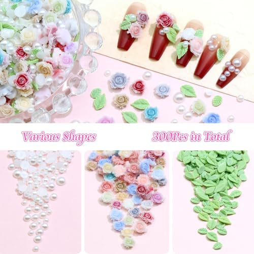 300Pcs Flower Nail Charms 3D Mixed Size Rose Flower Nail Accessories Pearl