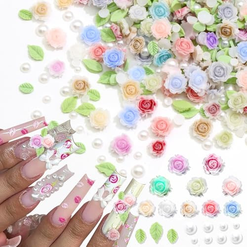 300Pcs Flower Nail Charms 3D Mixed Size Rose Flower Nail Accessories Pearl
