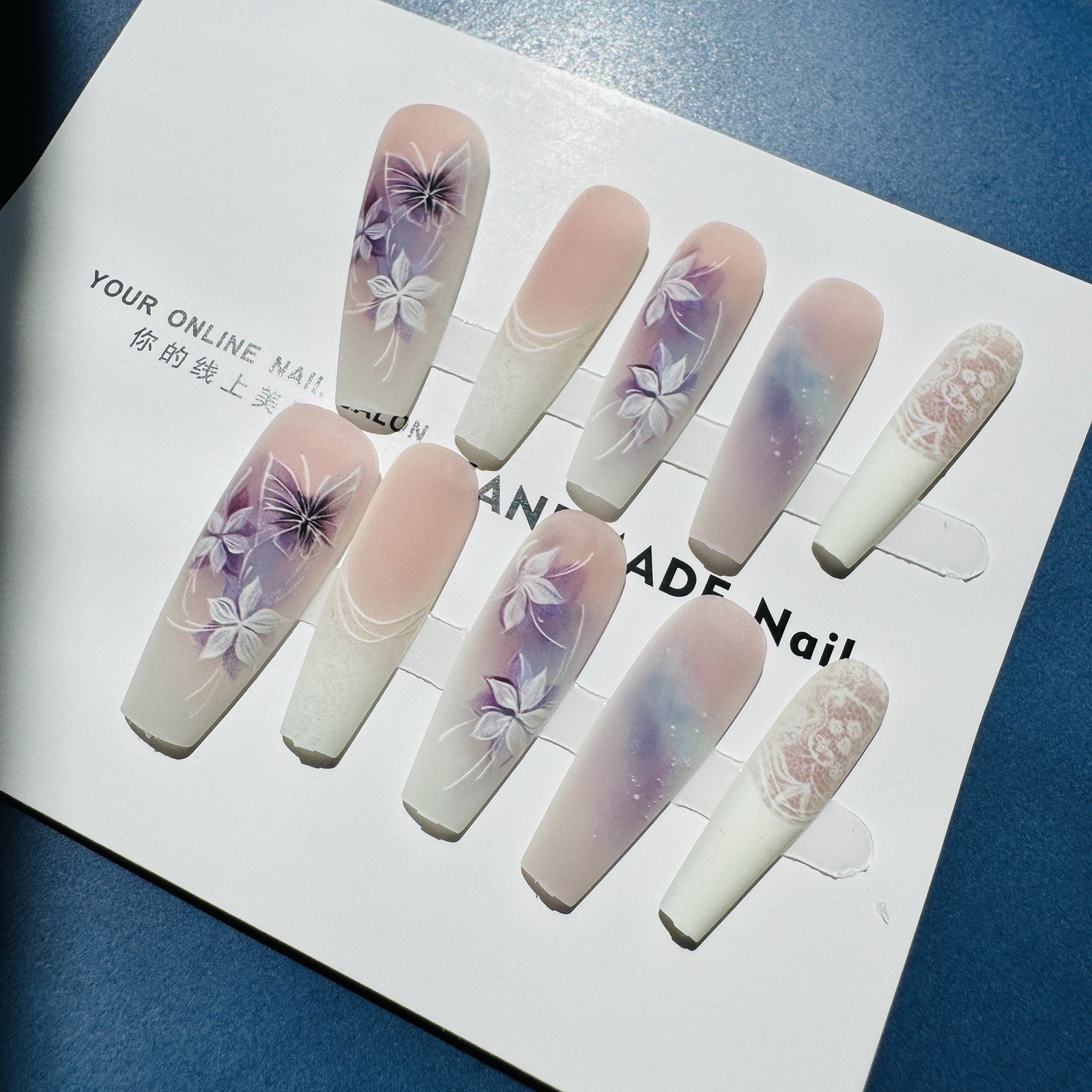 press on nails Long coffin matte pink purple white flower theme
