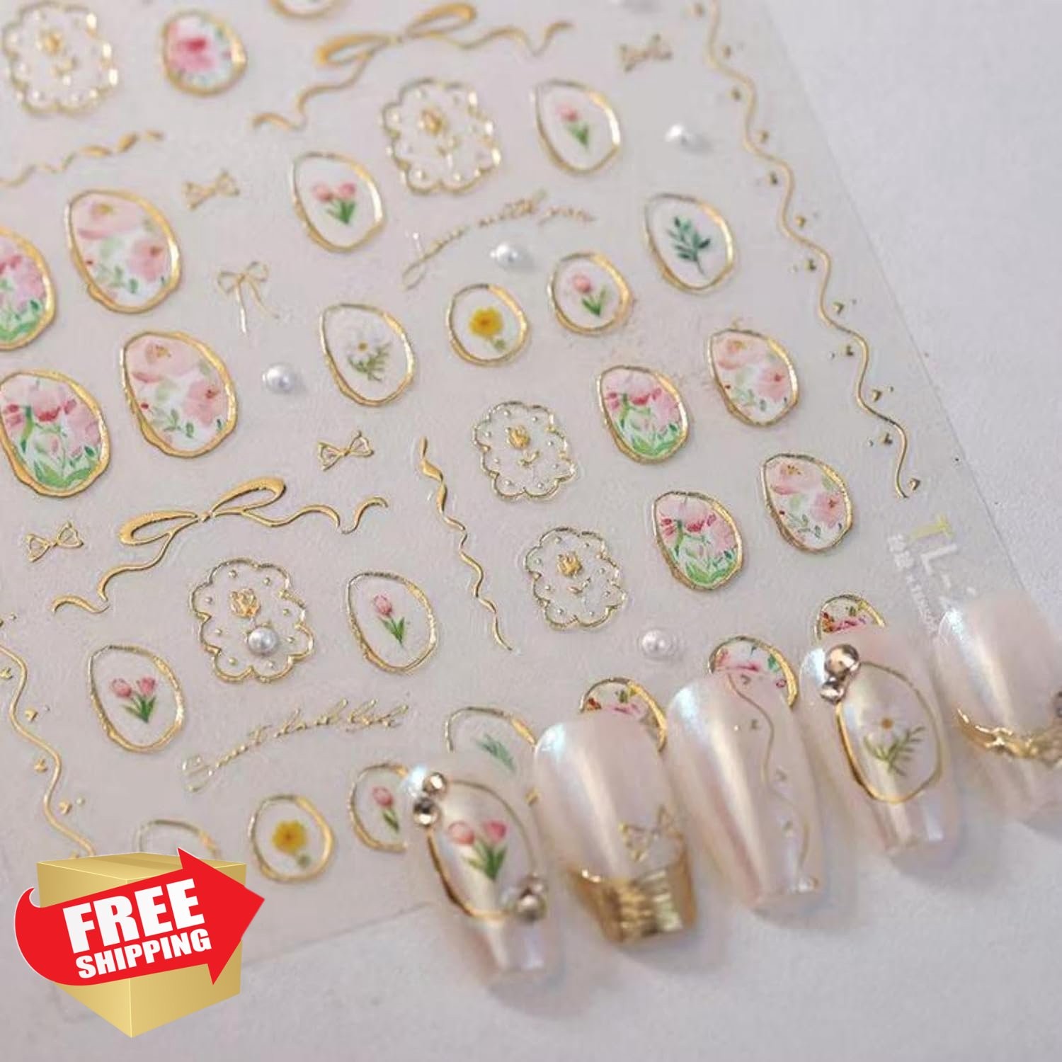 5D Embossed Tulip Flower Nail Art Stickers Gold Hollow Geometric Frames