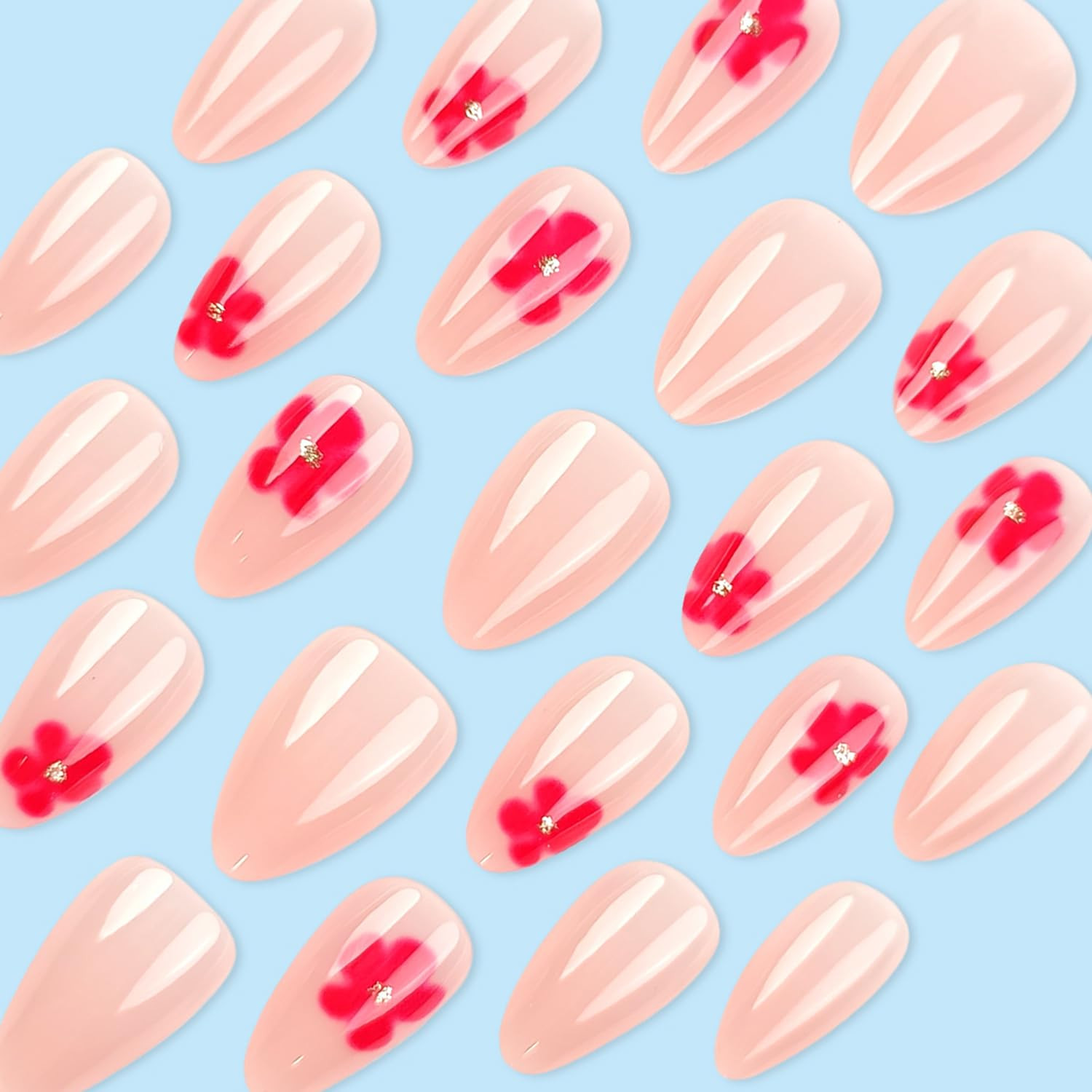 Short Press on Nails Almond Nails Pink Flower Press Ons with Design Cute Styl 6