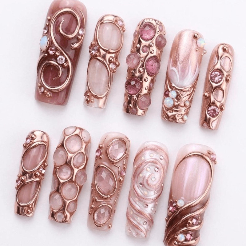 Pink Rosegold Handmade Press on Nails Gem Swirl Rhinestone Elegant Fake Nails