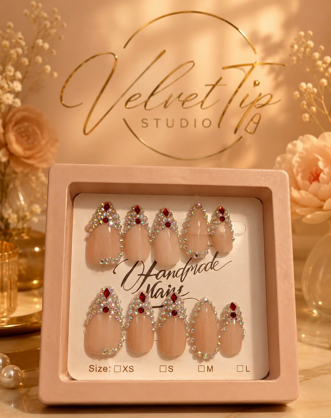 VelvetTip Studio Nude 3D Rhinestone Almond Medium Press-On Nails Full Cover SZ M