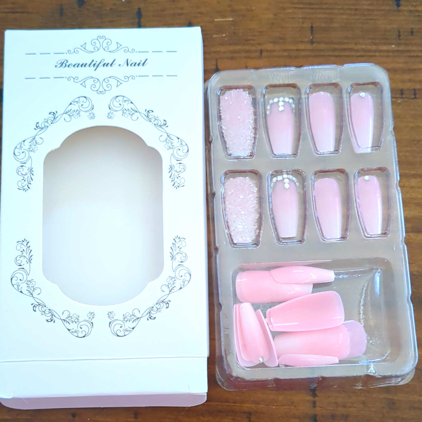 Beautiful Nail Pink Glitter Pre-Designed Press-On Nails Long Coffin for Finger
