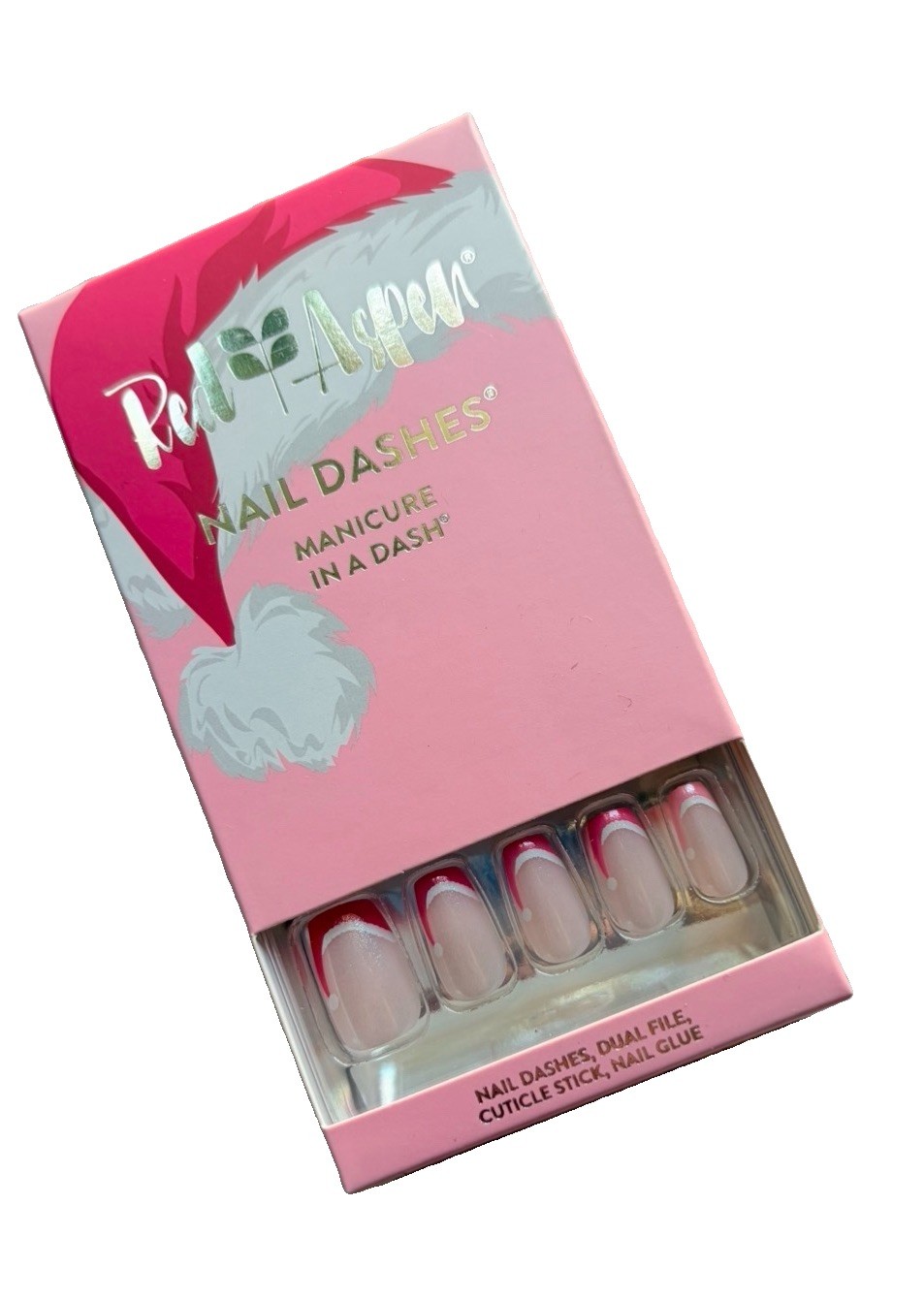Red Aspen Press On Nail Dashes Pretty In Pink Mrs Claus Medium Coffin NIB