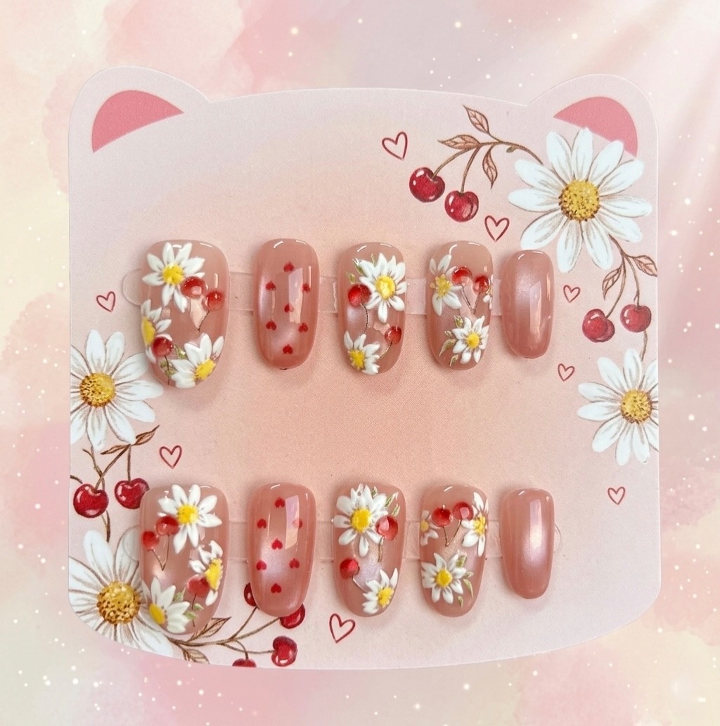 Floral Pink Press On Nails | 3D Fruit & White Flower Custom Gel False Nails