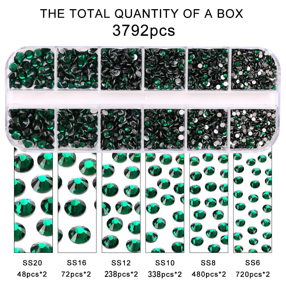 3792 Pcs Green Crystal Flatback Rhinestones Set for Nail, Art, Crafts, Makeup, T