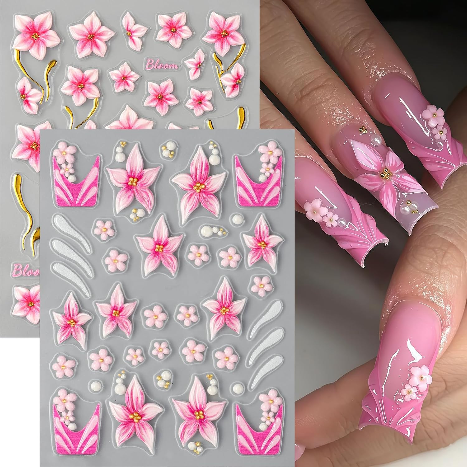 3Sheets Flower Nail Art Stickers Decals 5D Embossed Hibiscus Nail Stickers Lily