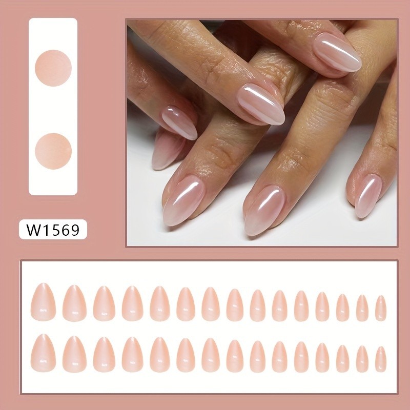 60Pcs-Medium Almond Milky Pink Chrome Glossy Minimalist Daily Press on Nails