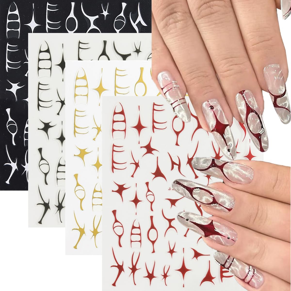 FSpronail 4 Sheets Irregular Line Nail Art Stickers, 3D Metallic Mirror Gold …