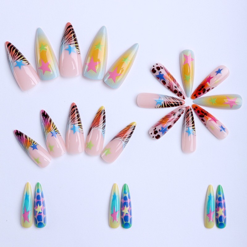 48pcs-Playful Summer Press on Nails, Medium Almond Tie-Dye & Star Acrylic Nails