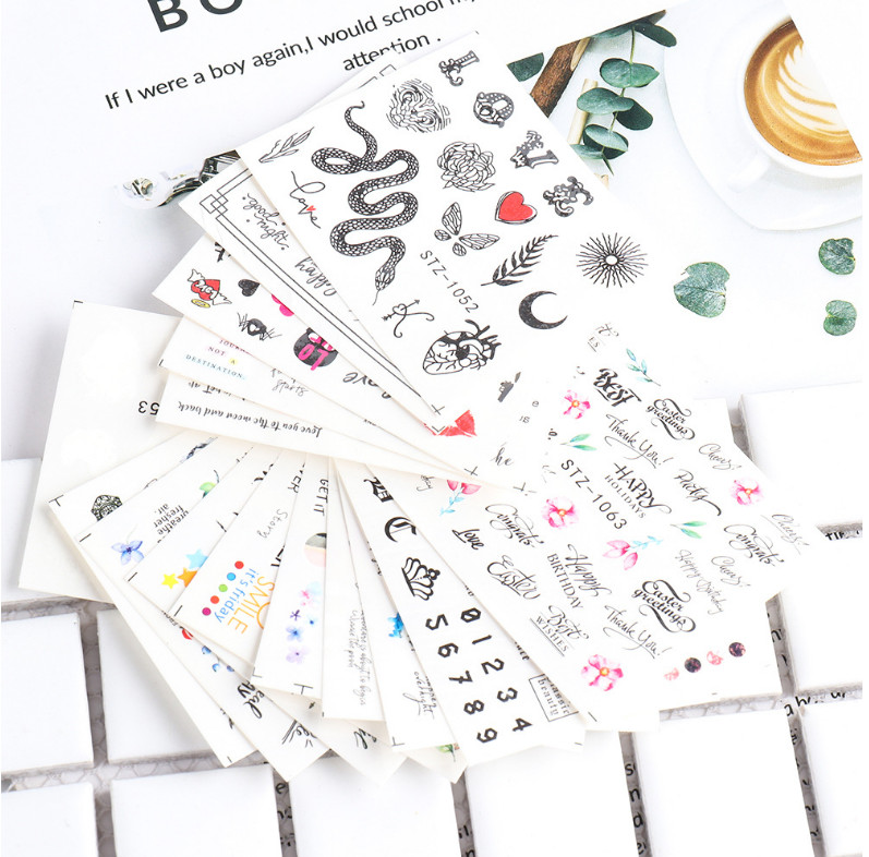16 Sheets Nail Art Stickers Waterproof Decal Love Words Letters Heart Snake NS8