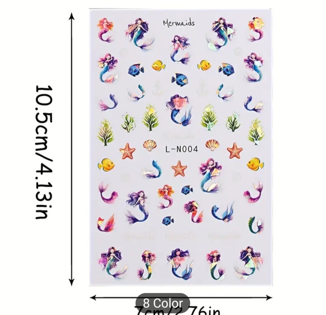 2 Sheets Mermaid Nails Transfer Images Nautical Sticker Sea Shell Beach Fake