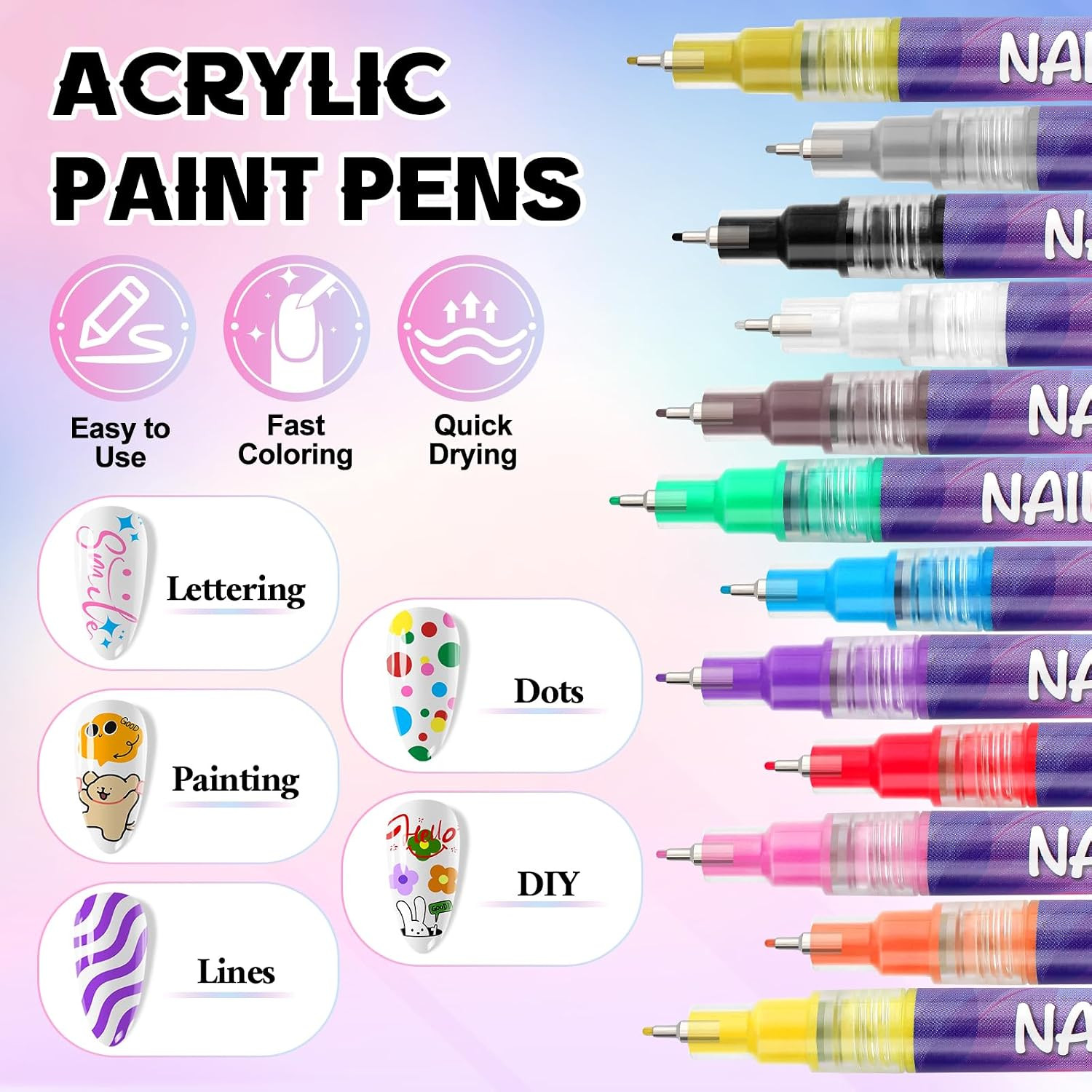 12 Color Nail Art Pens Set, Nail Polish Pens 0.5MM Fine Tip Acrylic Paint Pen Na
