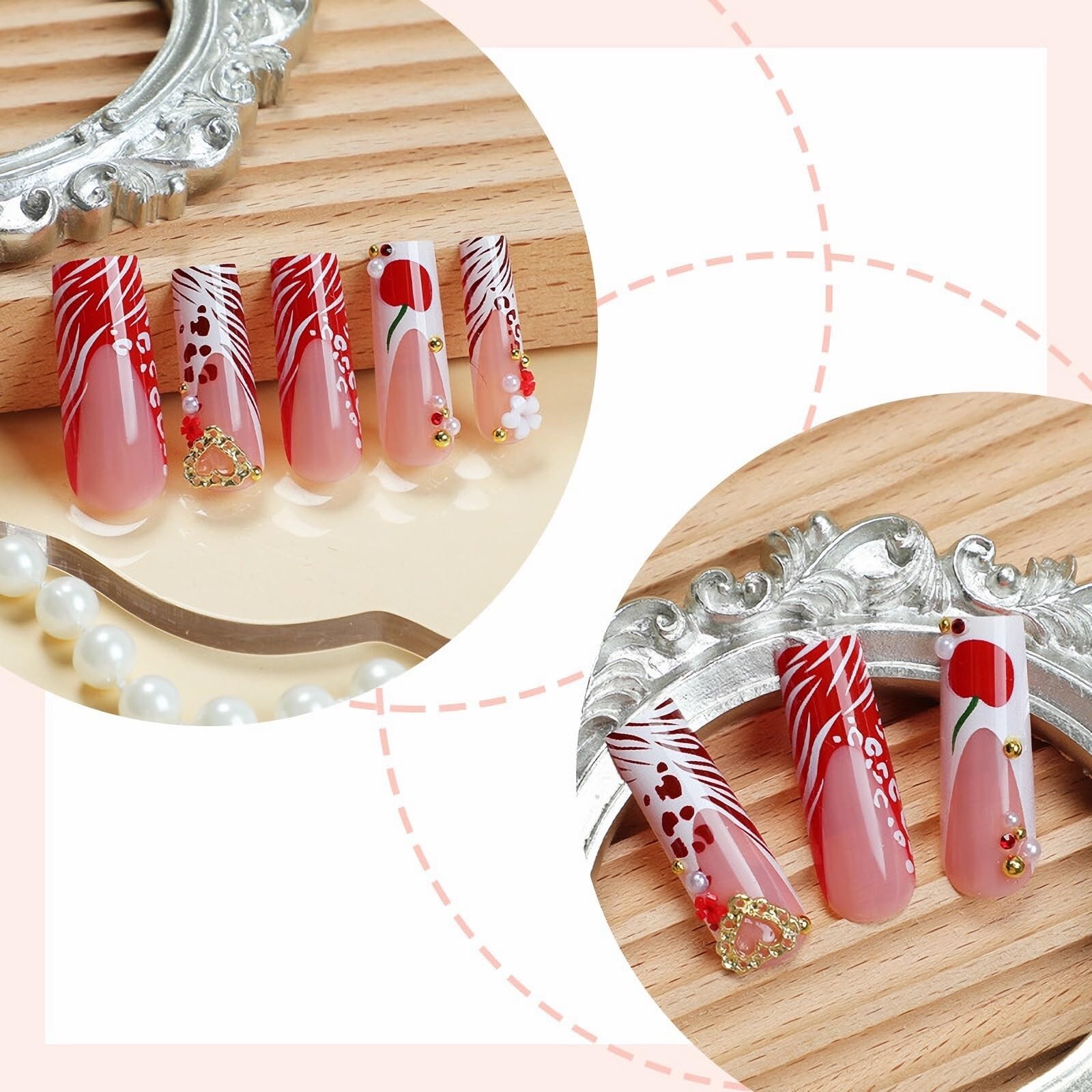 Cheetah Press On Nails – Red White Rhinestone Cherry Acrylic Long Square 24Pcs